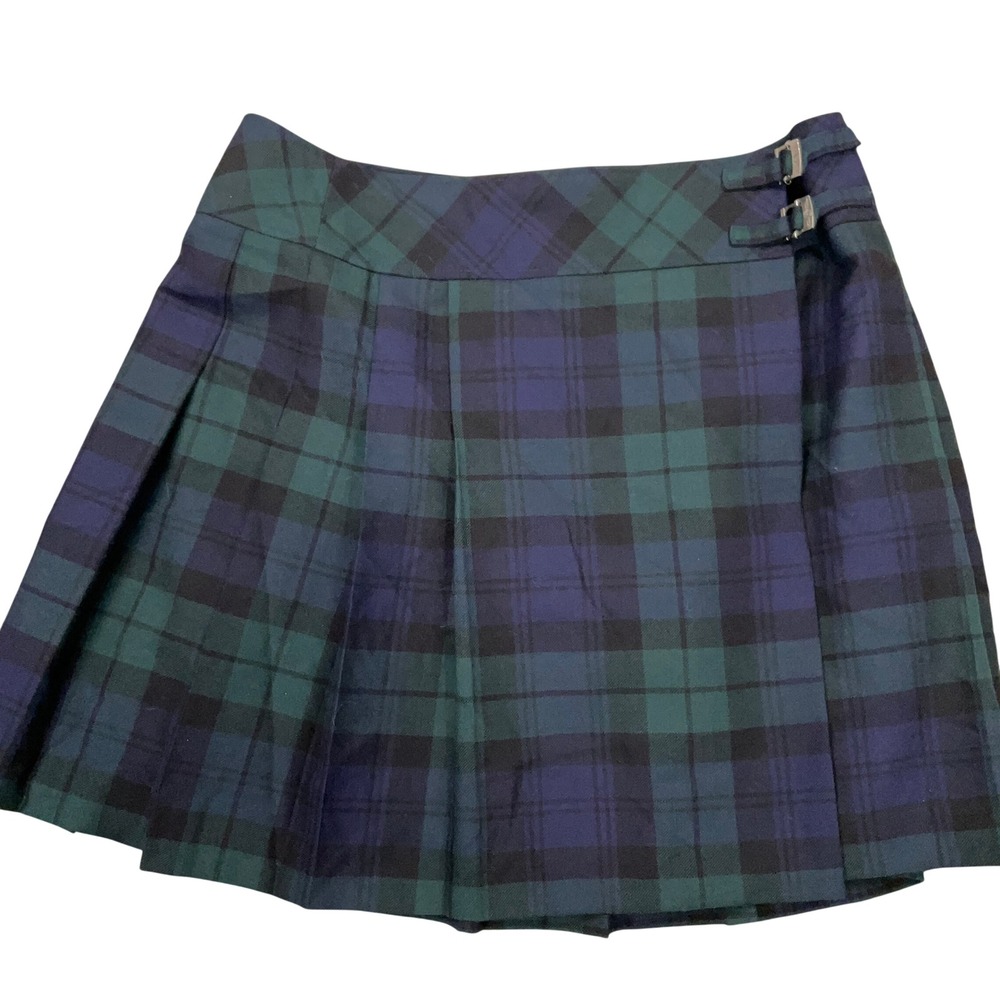 Brooks Brothers Plaid Kilt Skirt Womens 10 Green Blue Excellent Pleated Buckle